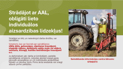 Attēlā darbinieks kombinzonā, resperatora, cimdos uzpilda smidzinātāja tvertni.